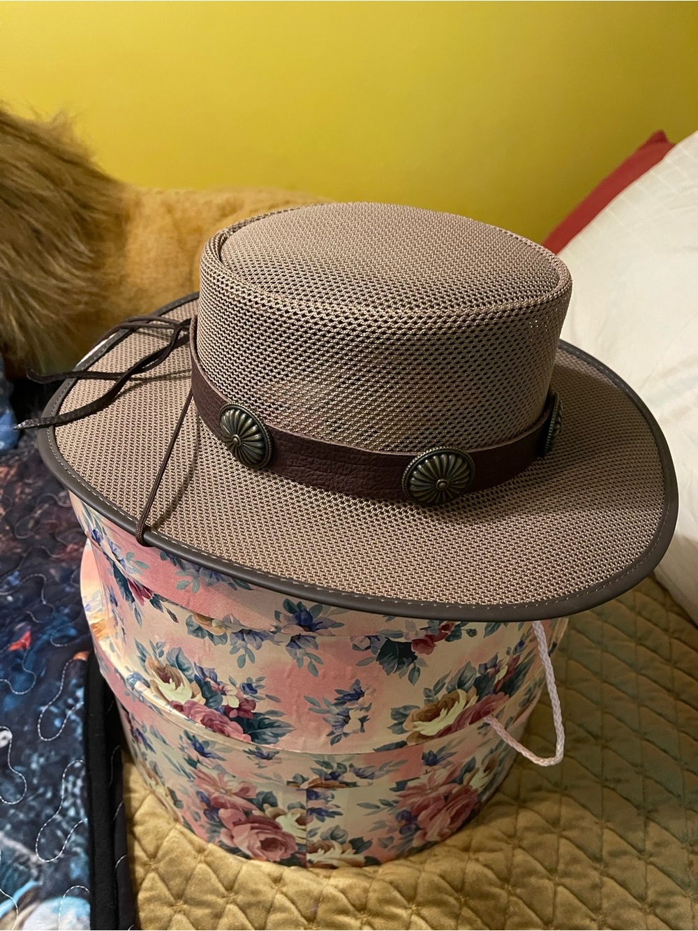 American Hat Makers Brown Mesh Outback Hat with Decorative Band